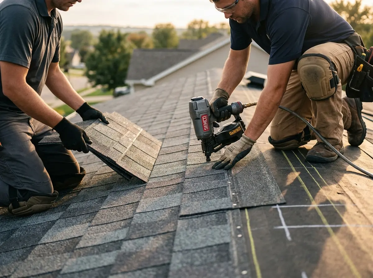 Professional roofer working on a residential roof in East Orange